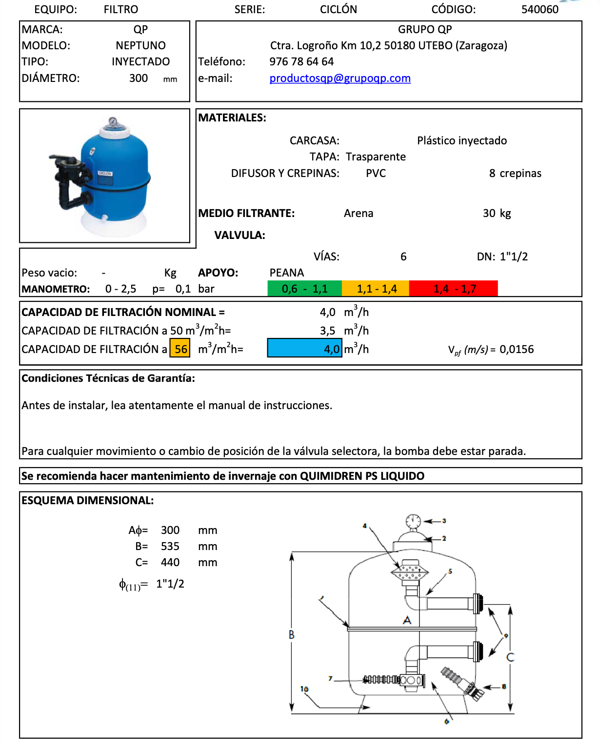 Sand filter system Ø600 mm with 6-way valve