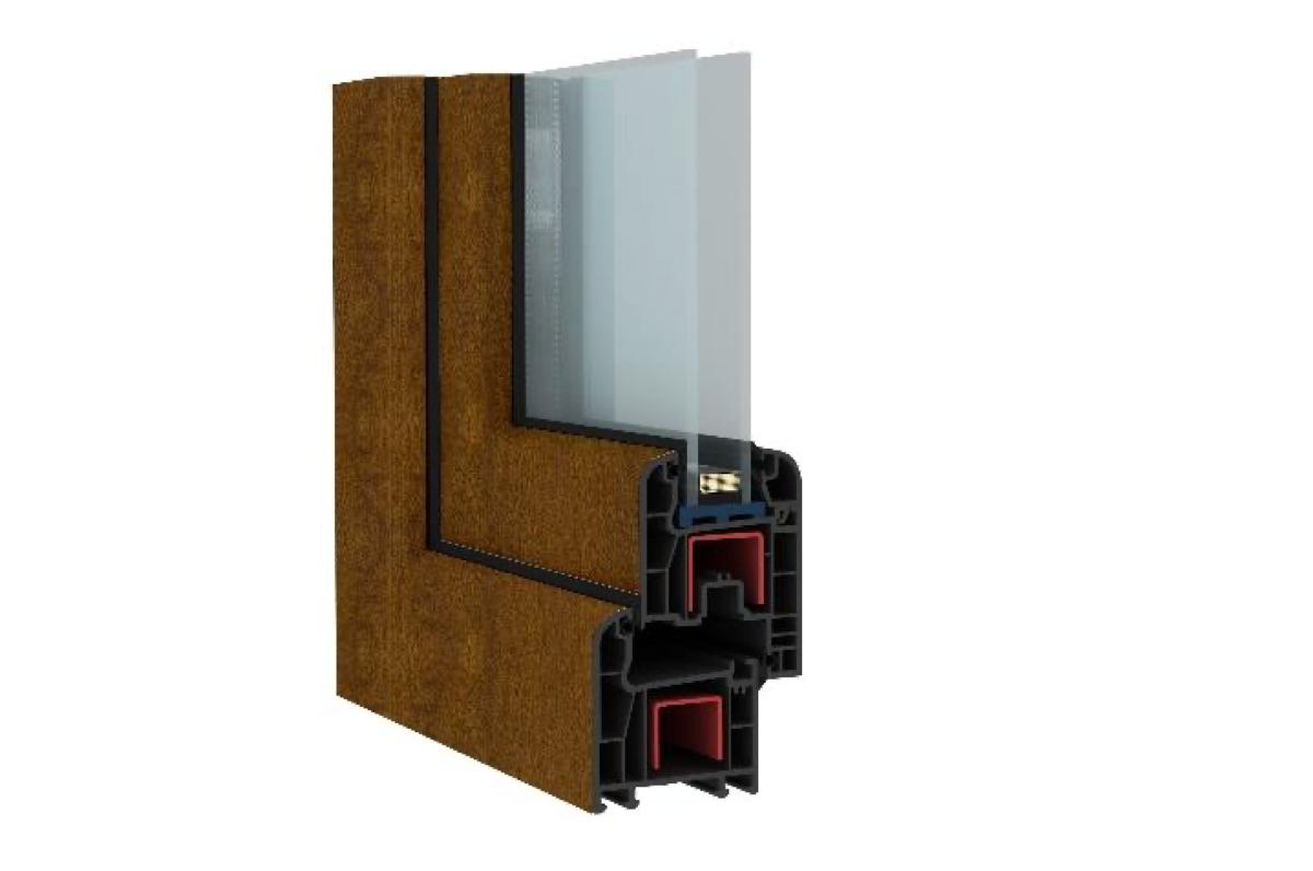 PVC balcony door – oak wood decor – 140 × 218 cm – tilt and turn function with roller shutter