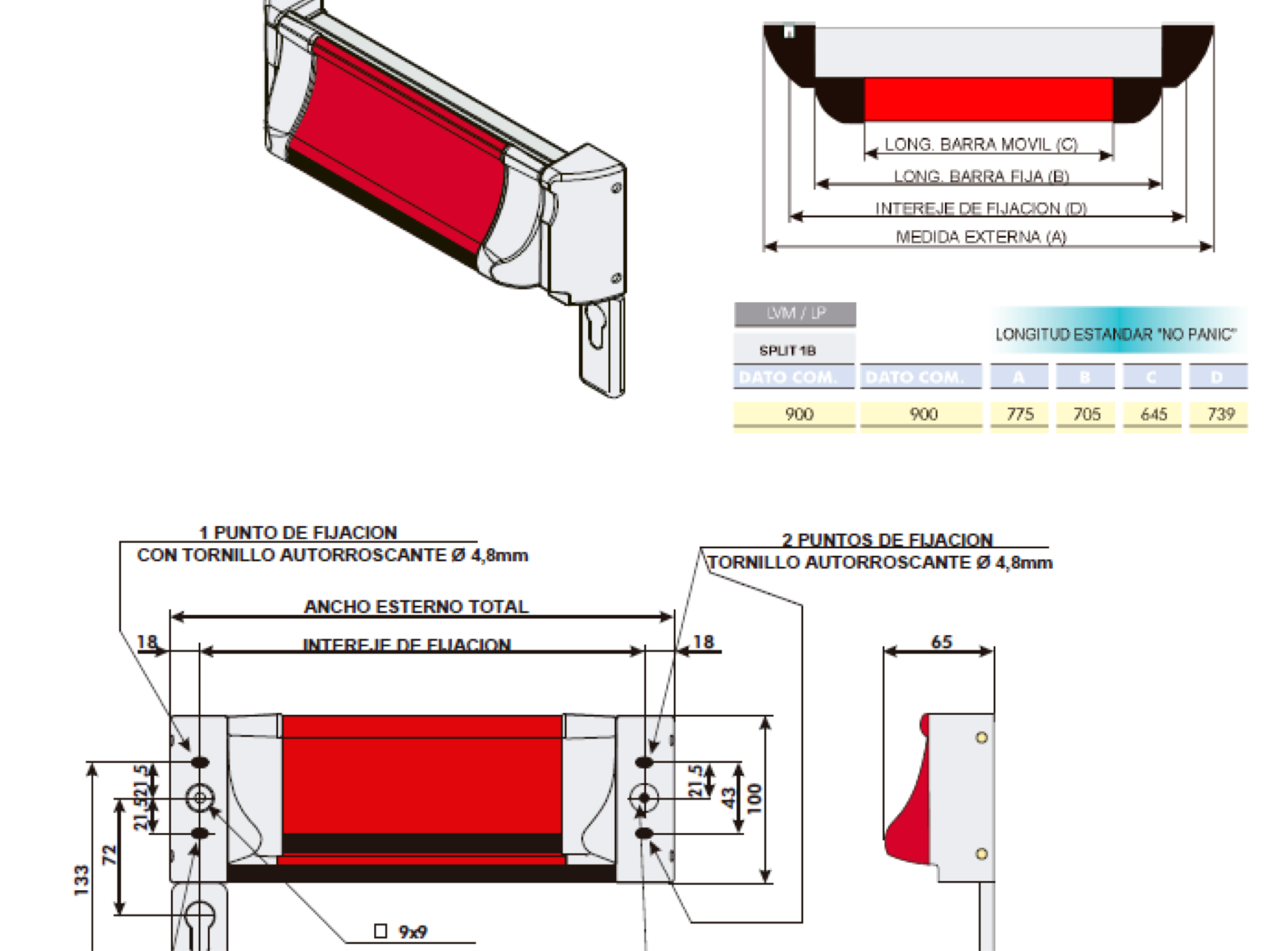 Barra antipánico para puertas cortafuegos, elemento de empuje horizontal