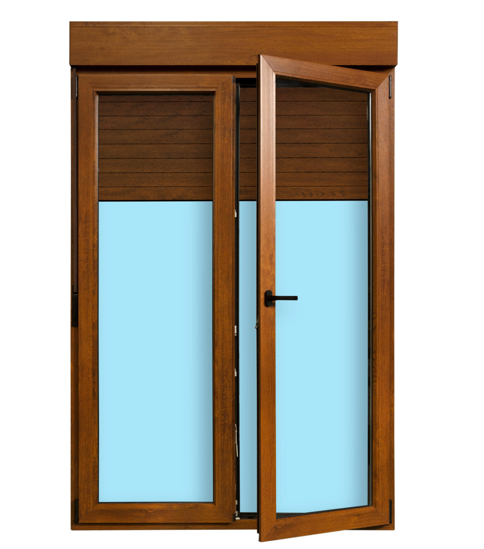 PVC balcony door – oak wood decor – 140 × 218 cm – tilt and turn function with roller shutter