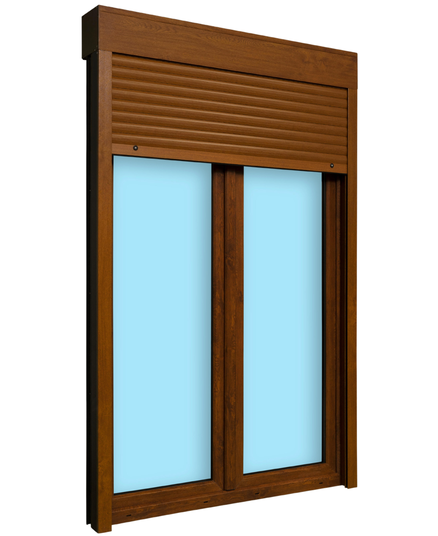 PVC balcony door – oak wood decor – 140 × 218 cm – tilt and turn function with roller shutter