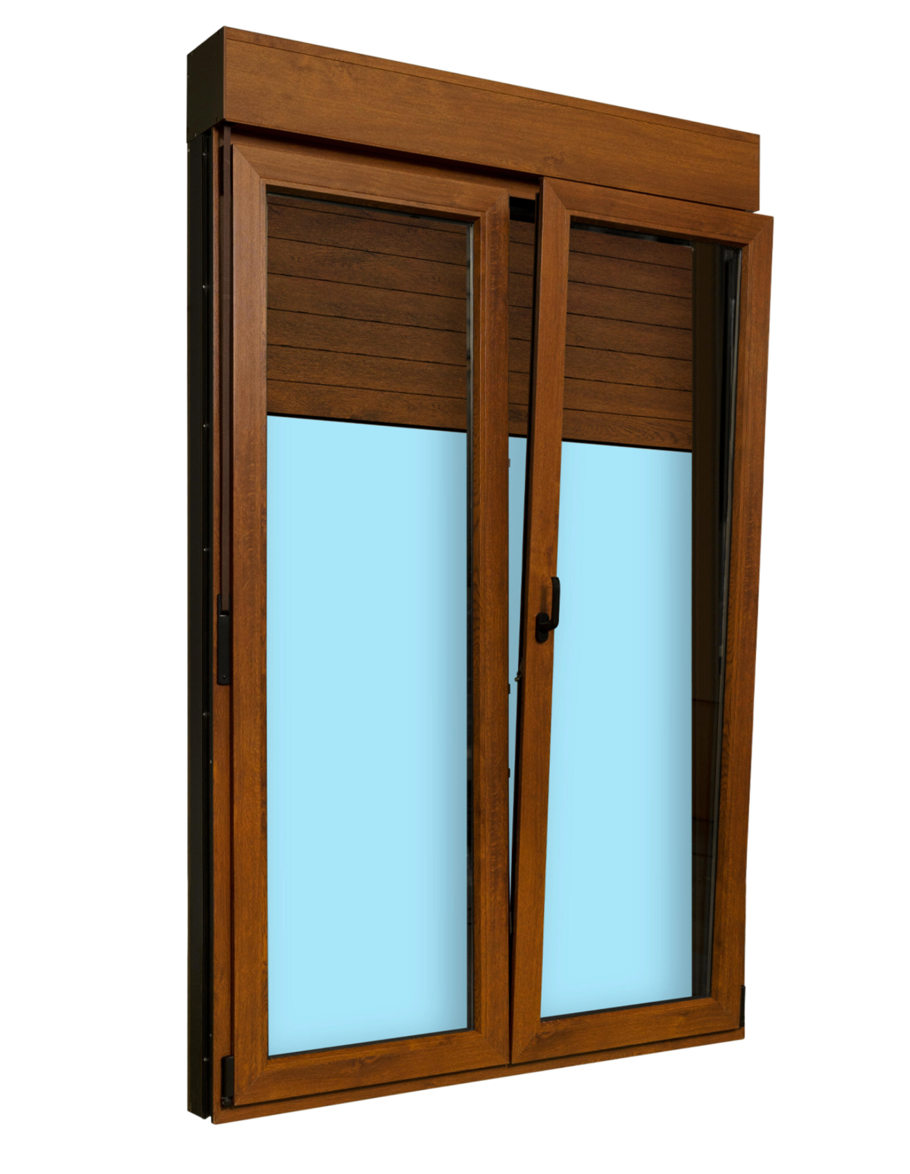 PVC balcony door – oak wood decor – 140 × 218 cm – tilt and turn function with roller shutter