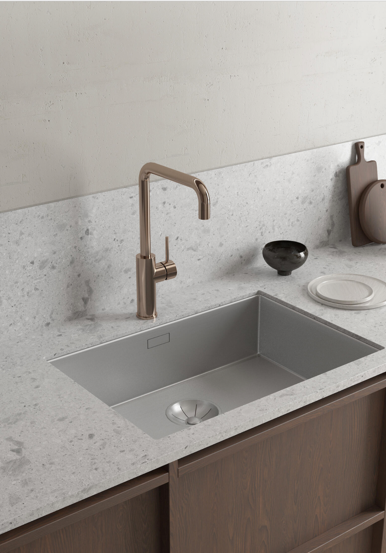 Grifo de cocina monomando Atlantis – PVD dorado – caño alto – 35×20,5 cm