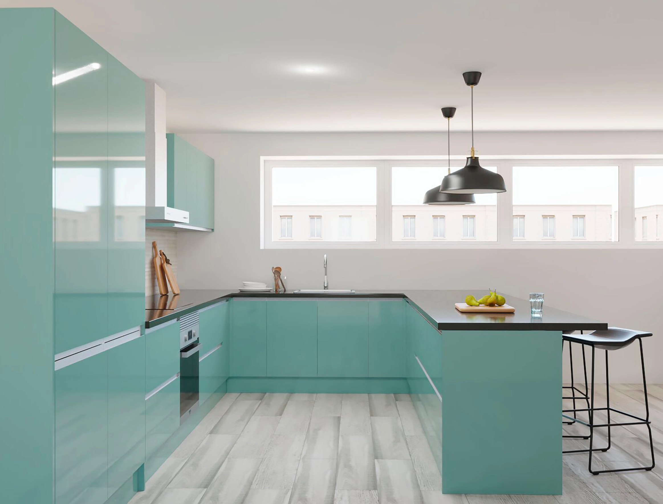 Lyon kitchen – Aguamarina, high gloss – 260 m kitchen length