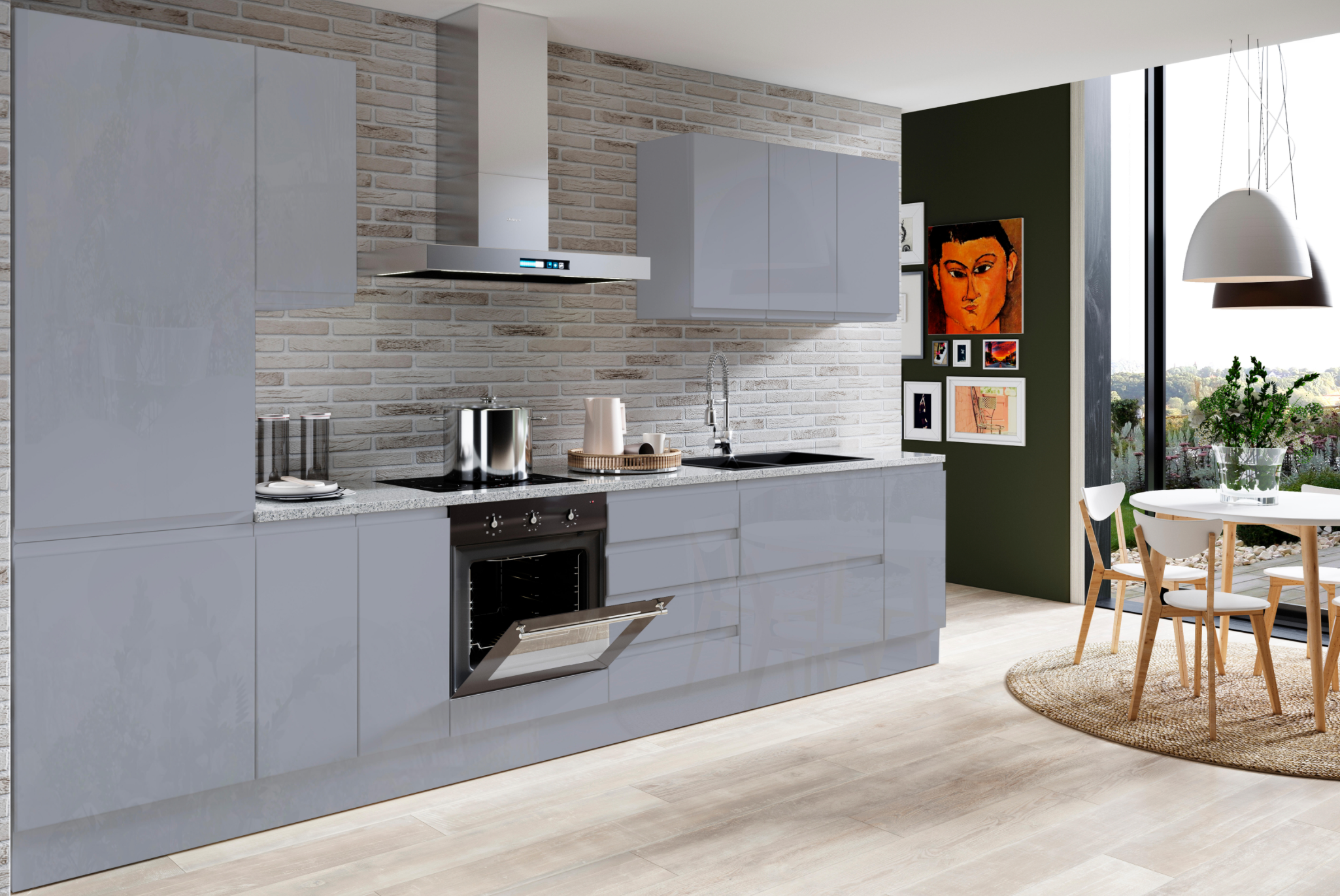 Utrecht kitchen – gray, high-gloss lacquer – 260 m kitchen length