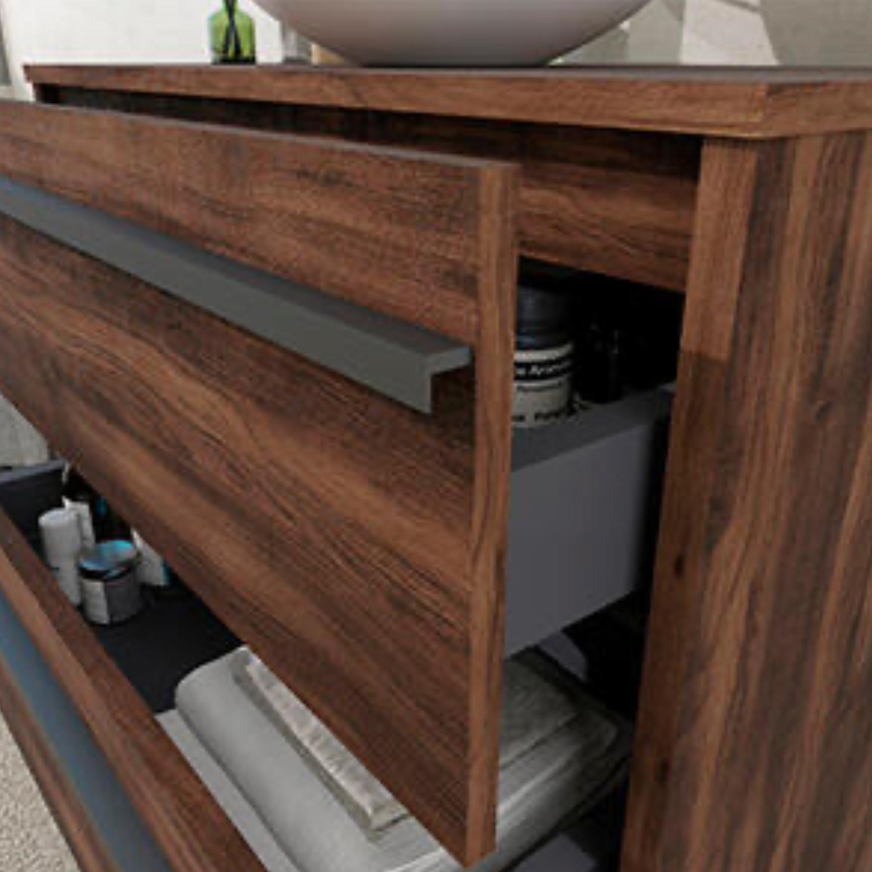 Hängender Waschbeckenunterschränke ohne Waschbecken – Dunkel-Holz Roble Oscuro – 60 × 45 × 55 cm – 2 Schubladen – Wandhängend