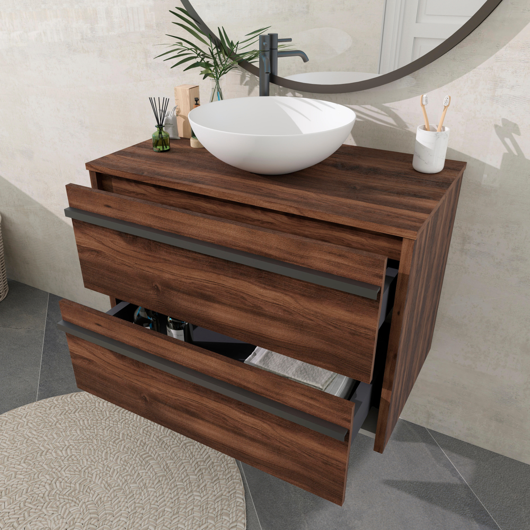 Hängender Waschbeckenunterschränke ohne Waschbecken – Dunkel-Holz Roble Oscuro – 60 × 45 × 55 cm – 2 Schubladen – Wandhängend