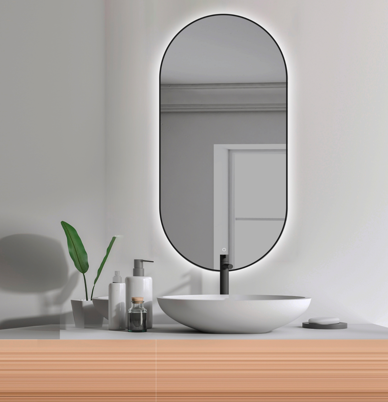 Complete badkamerset Emma & Roble Oscuro – opzetwastafel, LED-spiegel en badmeubel