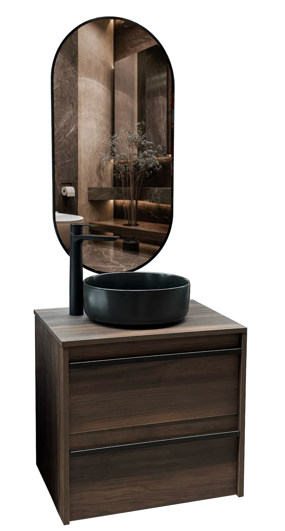 Complete badkamerset Emma & Roble Oscuro – opzetwastafel, LED-spiegel en badmeubel