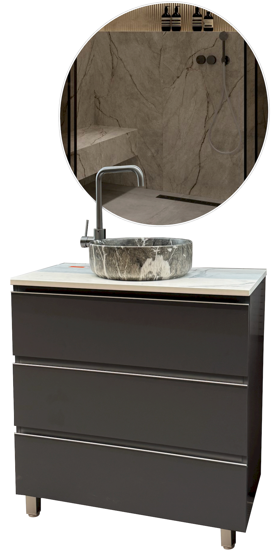 Complete bathroom set: marble countertop sink + white stone slab + Atlantis base cabinet – sink, slab