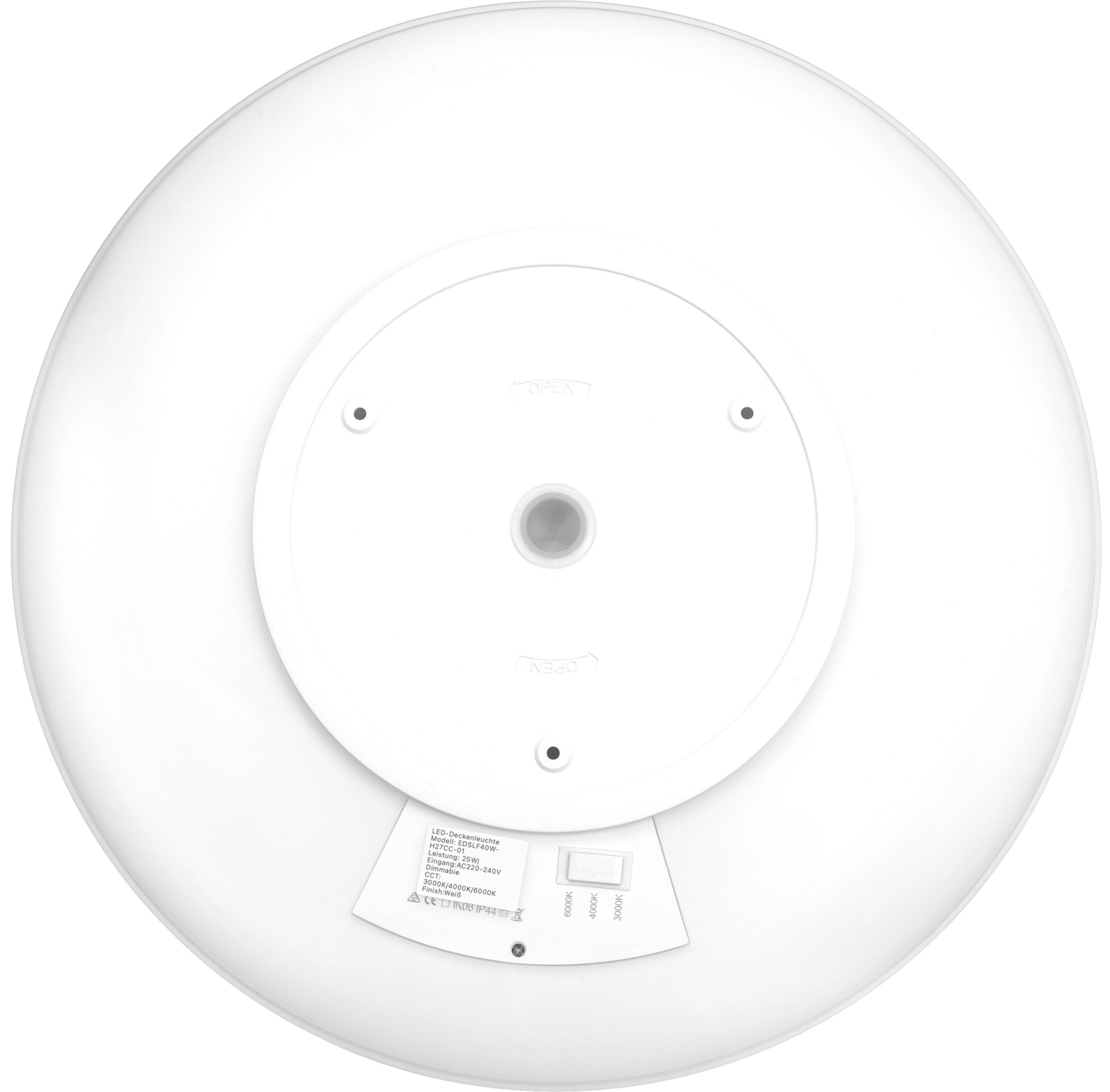 Round LED ceiling light, 40 cm, 25 W, 2700 lm, IP44 – color temperature selectable via switch