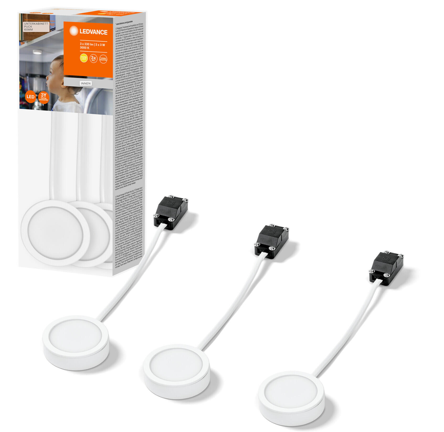 LED under-cabinet light, round, 3x3 W – white, 65 mm, warm white