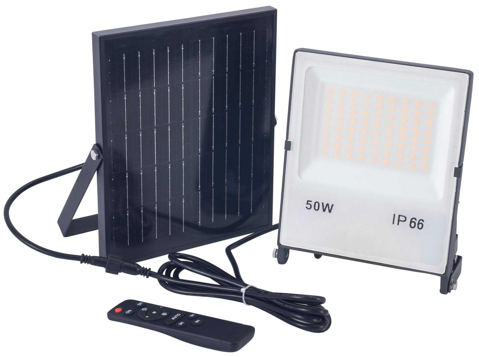 Solar floodlight 50 W – cool white (6500 K) – with remote control & timer – IP66