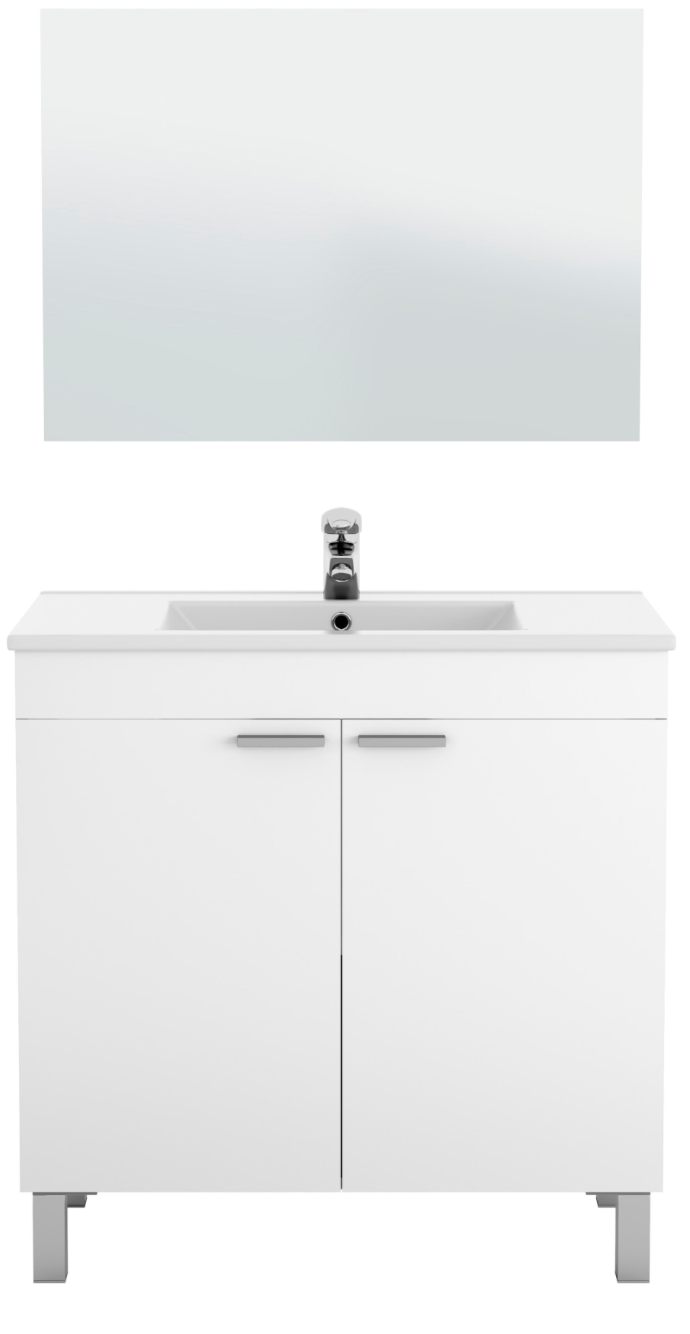 LC1 White Bathroom Furniture Set – 81×46×82 cm – 2 Doors – Sink & Mirror