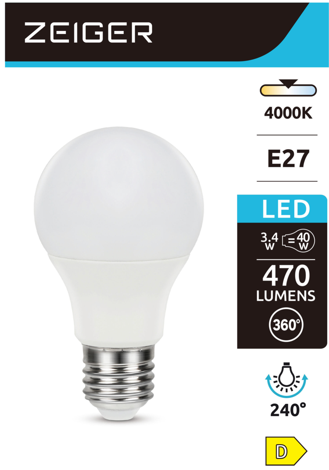 مصباح LED E27 3.4 واط – 470 لومن – أبيض محايد (4000 كلفن) – فئة الطاقة D