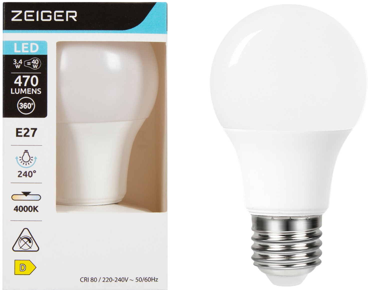 مصباح LED E27 3.4 واط – 470 لومن – أبيض محايد (4000 كلفن) – فئة الطاقة D