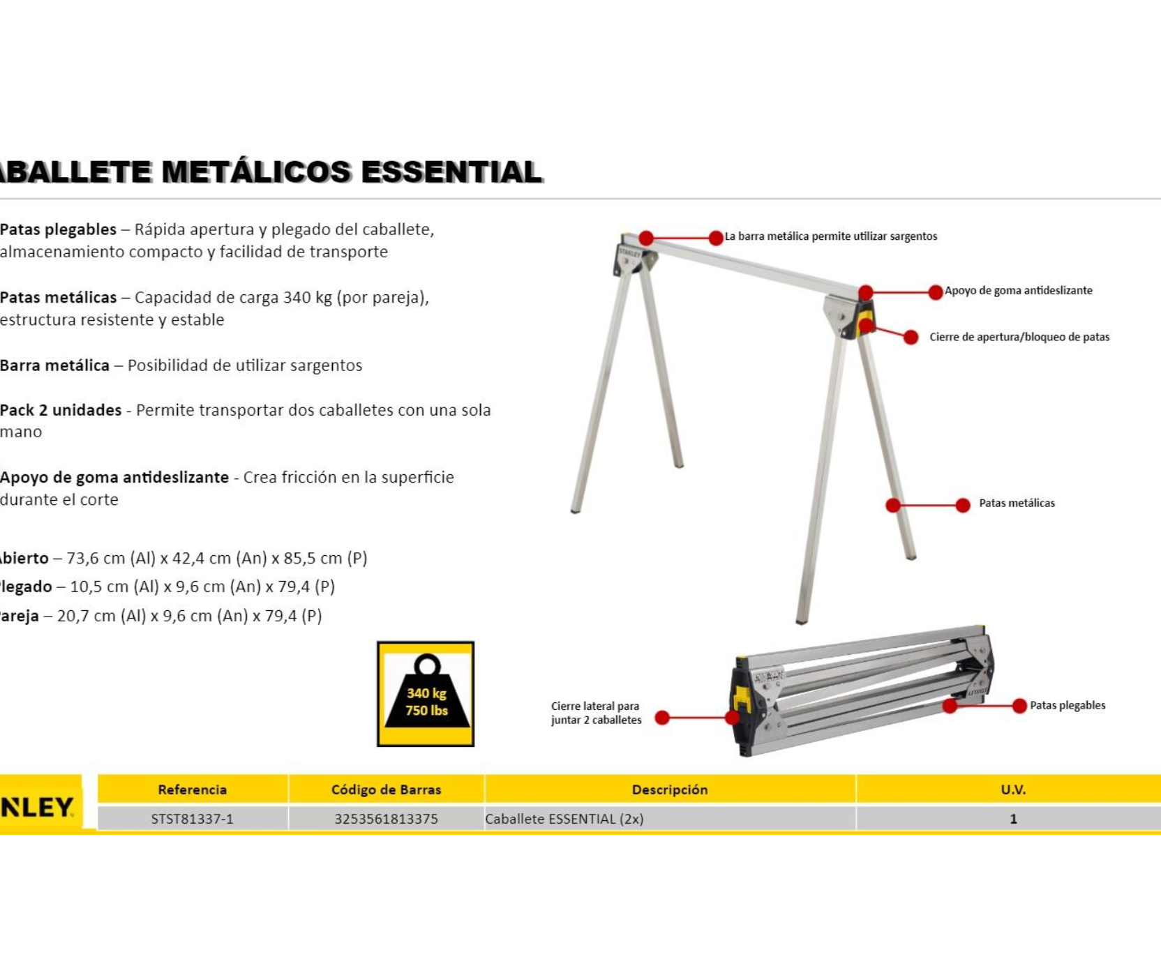 Folding metal trestles “Stanley” – Pack of 2 – Metal trestle, 340 kg load capacity per pair