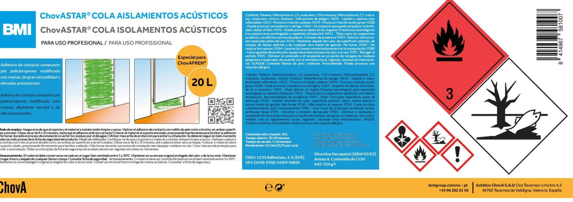 Cola Contacto CHOVA Multiaislante 20 L – Contact adhesive for Multiaislante panels