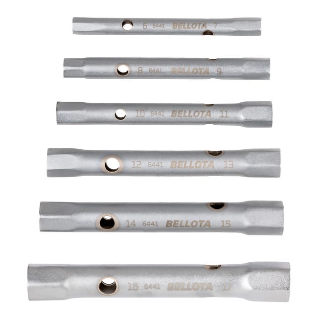 Bellota 6-Piece Hollow Tube Wrench set showing six hollow tube wrenches in various sizes from 7 to 17 mm.