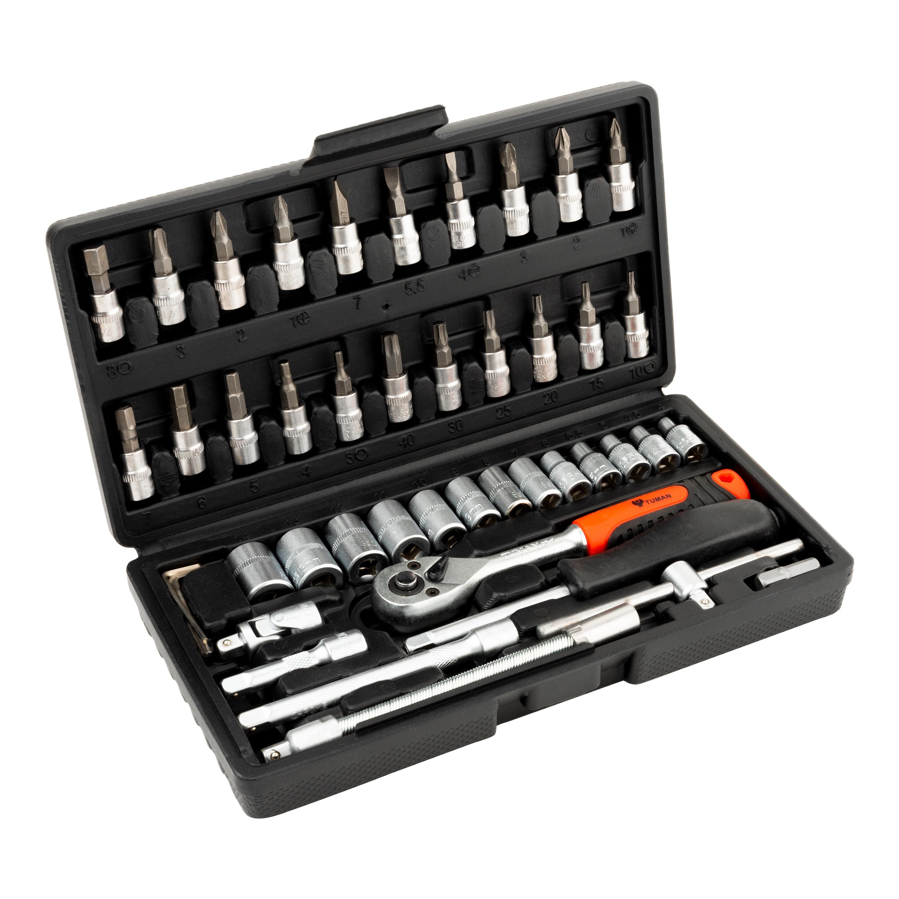 46-Piece Socket and Ratchet Tool Set with Bits and Hex Keys