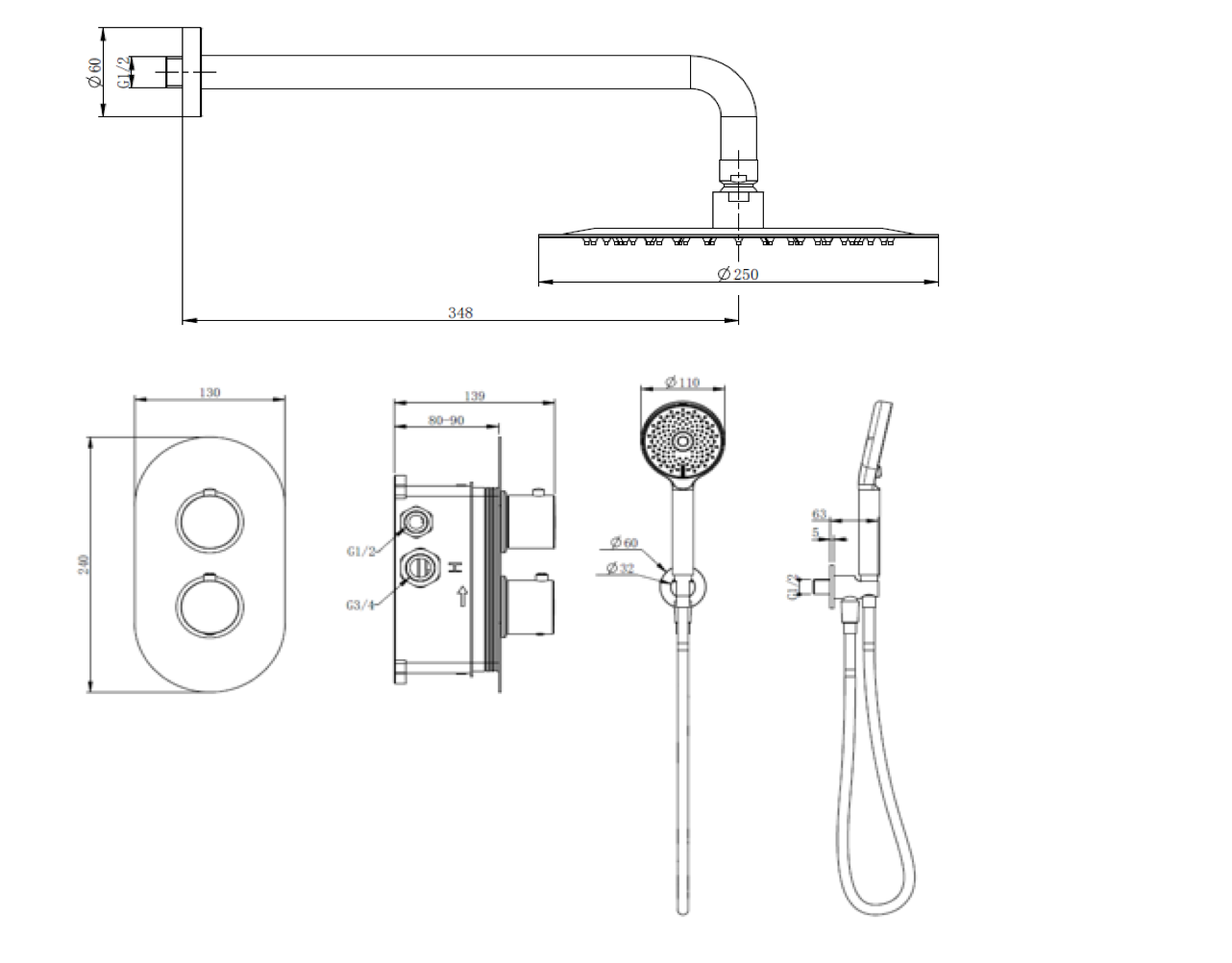 RONDO thermostatic concealed shower set – PVD gold
