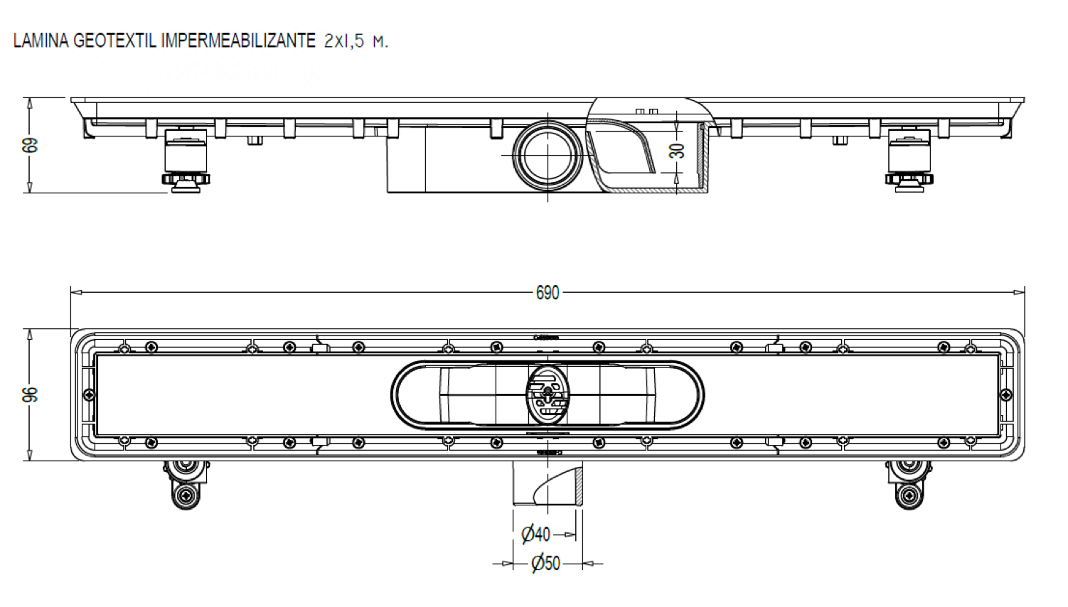 Shower channel with trap & geotextile – 65 cm – MILANO