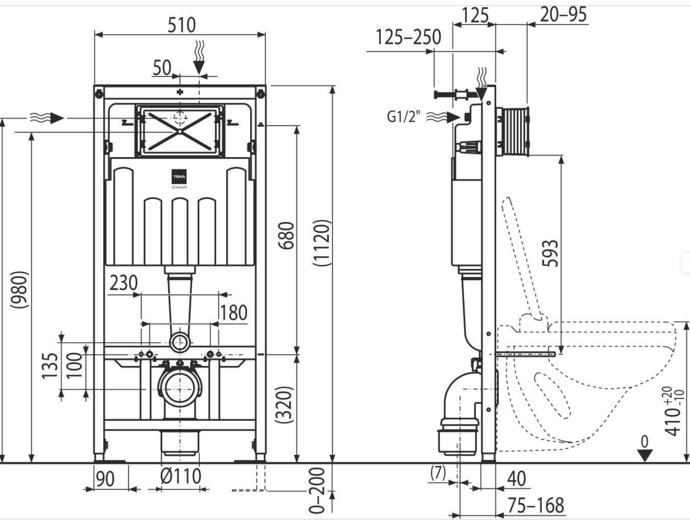 Élément WC TEKMODUL – 12,5 cm Tiefe – avec Unterputz-Spülkasten