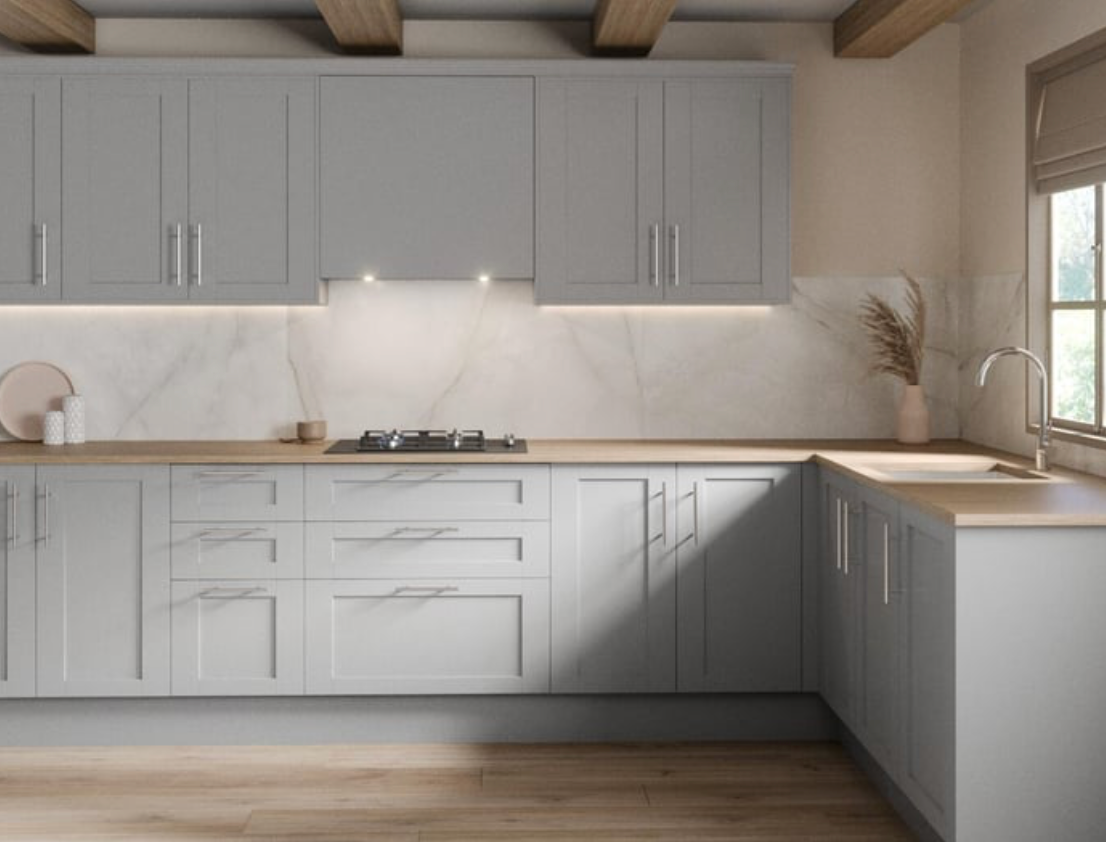 Madrid kitchen – Light gray, LAC Matt – 260 m kitchen length