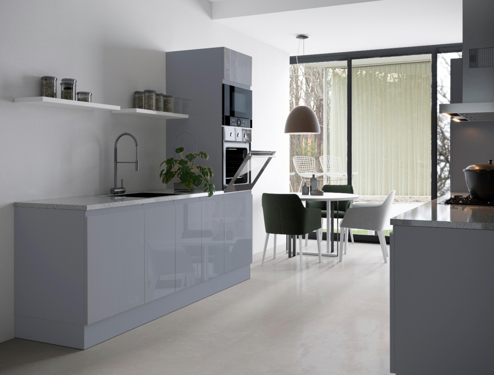 Utrecht kitchen – gray, high-gloss lacquer – 260 m kitchen length