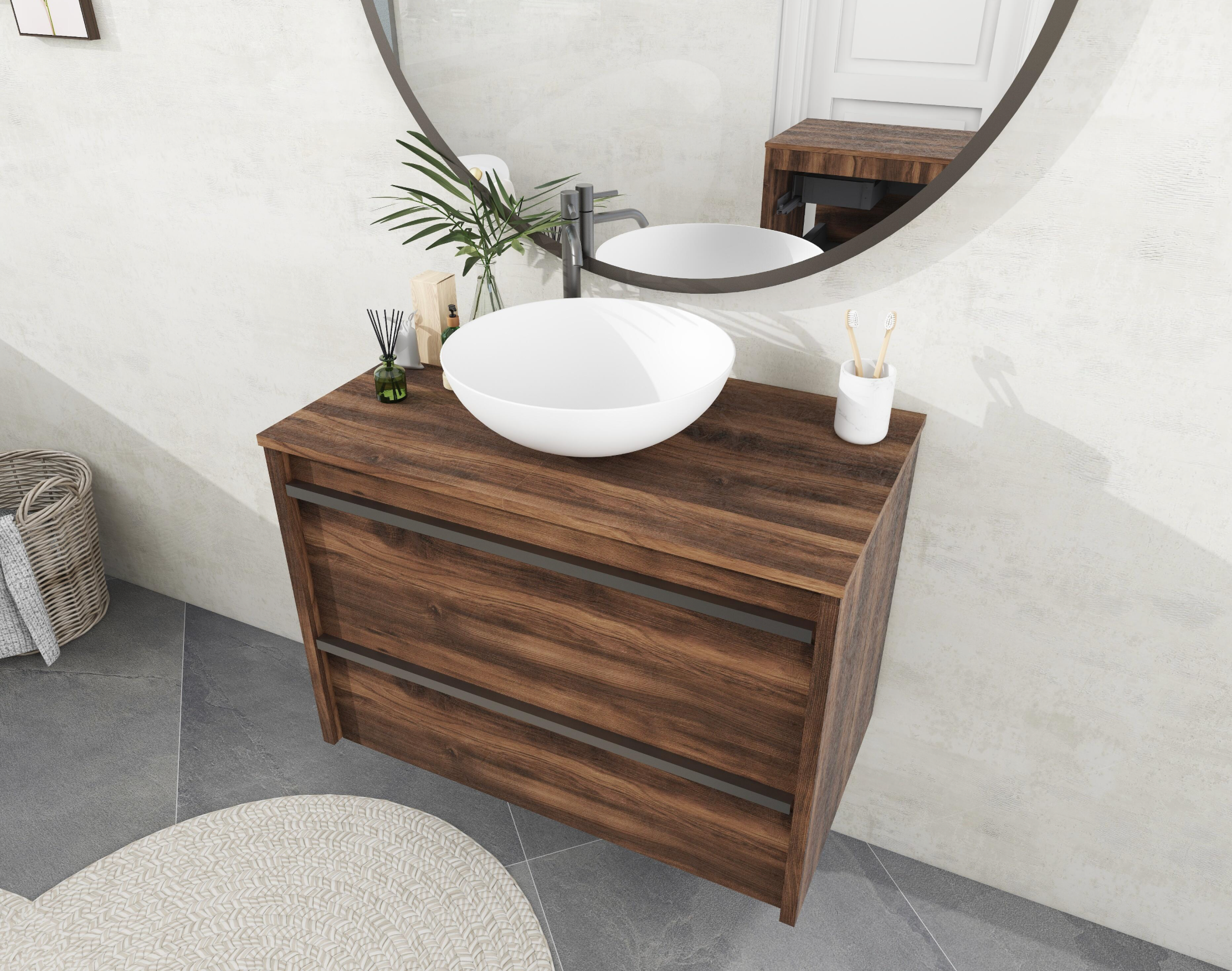 Wall-mounted sink base cabinets without sink – Dark wood Roble Oscuro – 60 × 45 × 55 cm – 2 drawers – Wall-mounted