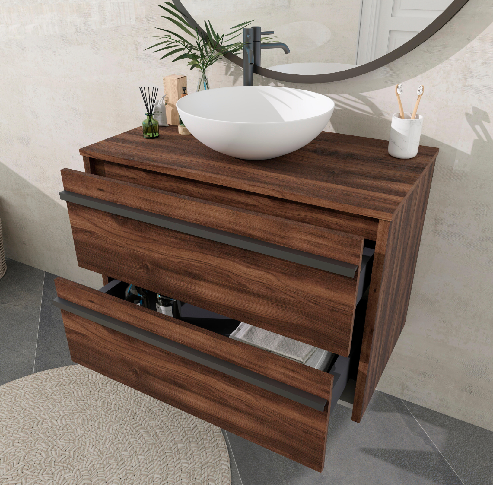 Emma & Roble Oscuro complete bathroom set – countertop basin, LED mirror, and vanity unit