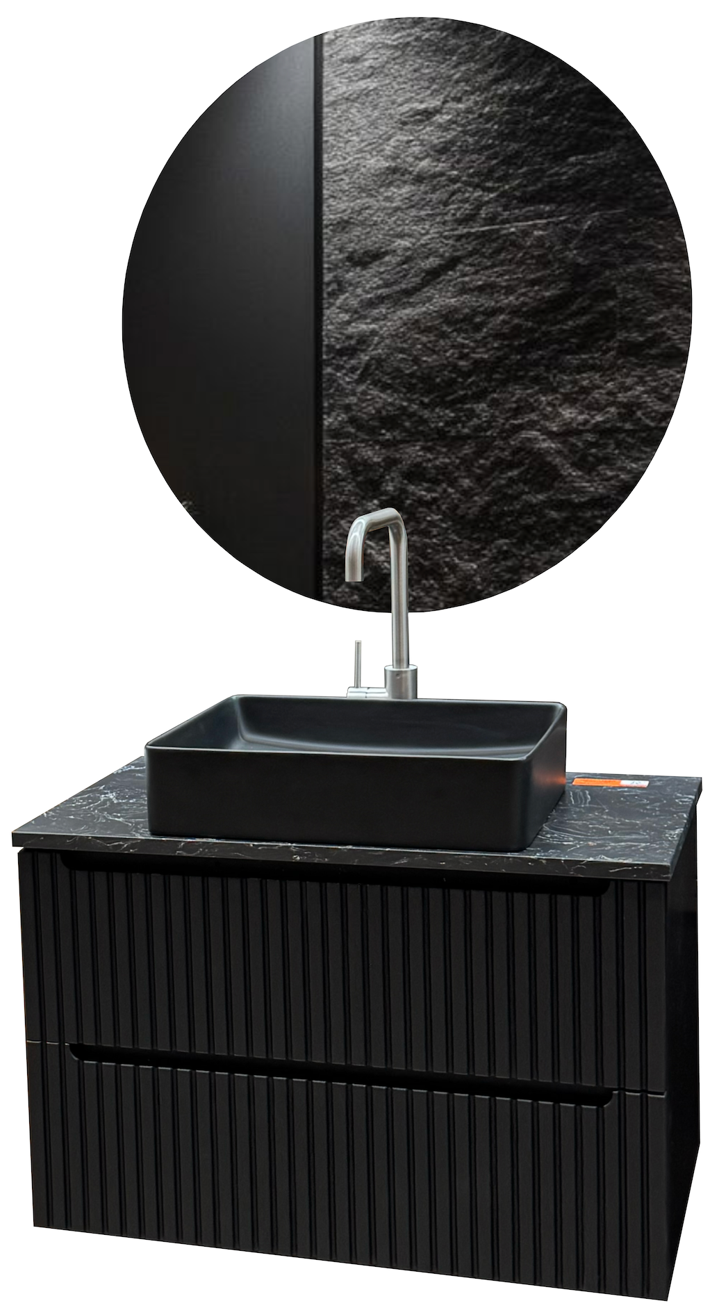 Amsterdam bathroom set Ø 80 cm + countertop washbasin + stone slab 80 × 46 cm – mirror, basin & countertop + vanity unit
