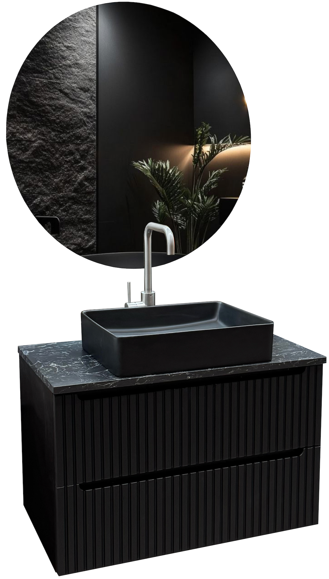 Amsterdam bathroom set Ø 80 cm + countertop washbasin + stone slab 80 × 46 cm – mirror, basin & countertop + vanity unit