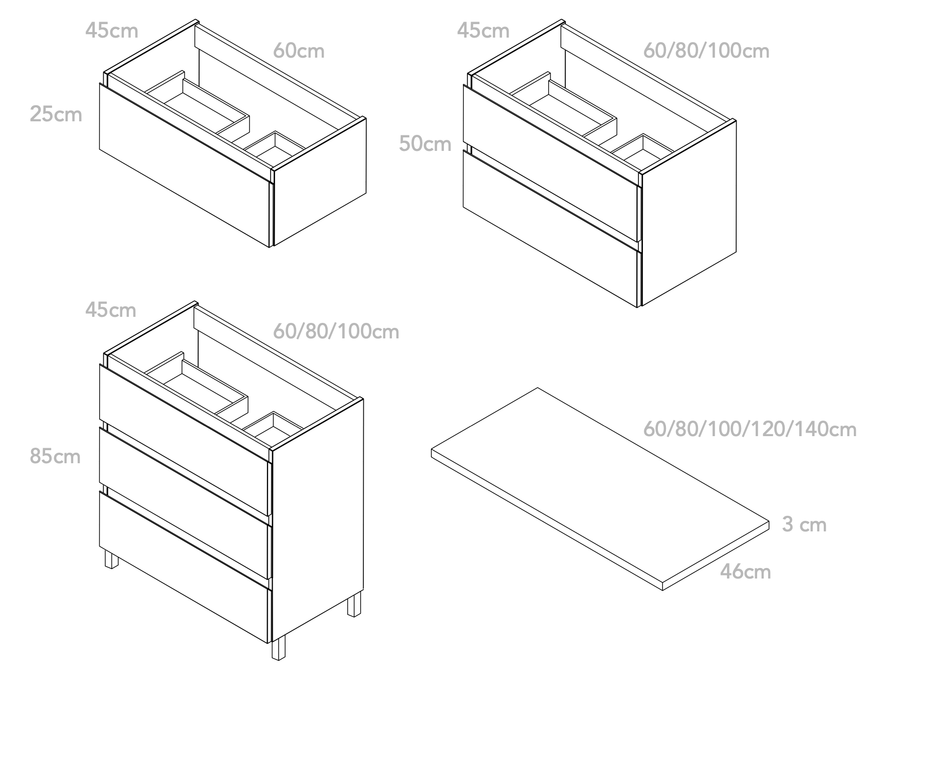 Bathroom cabinet Atlantis bathroom module – Anthracite Matt – 3 drawers – 80 × 45 × 75 cm