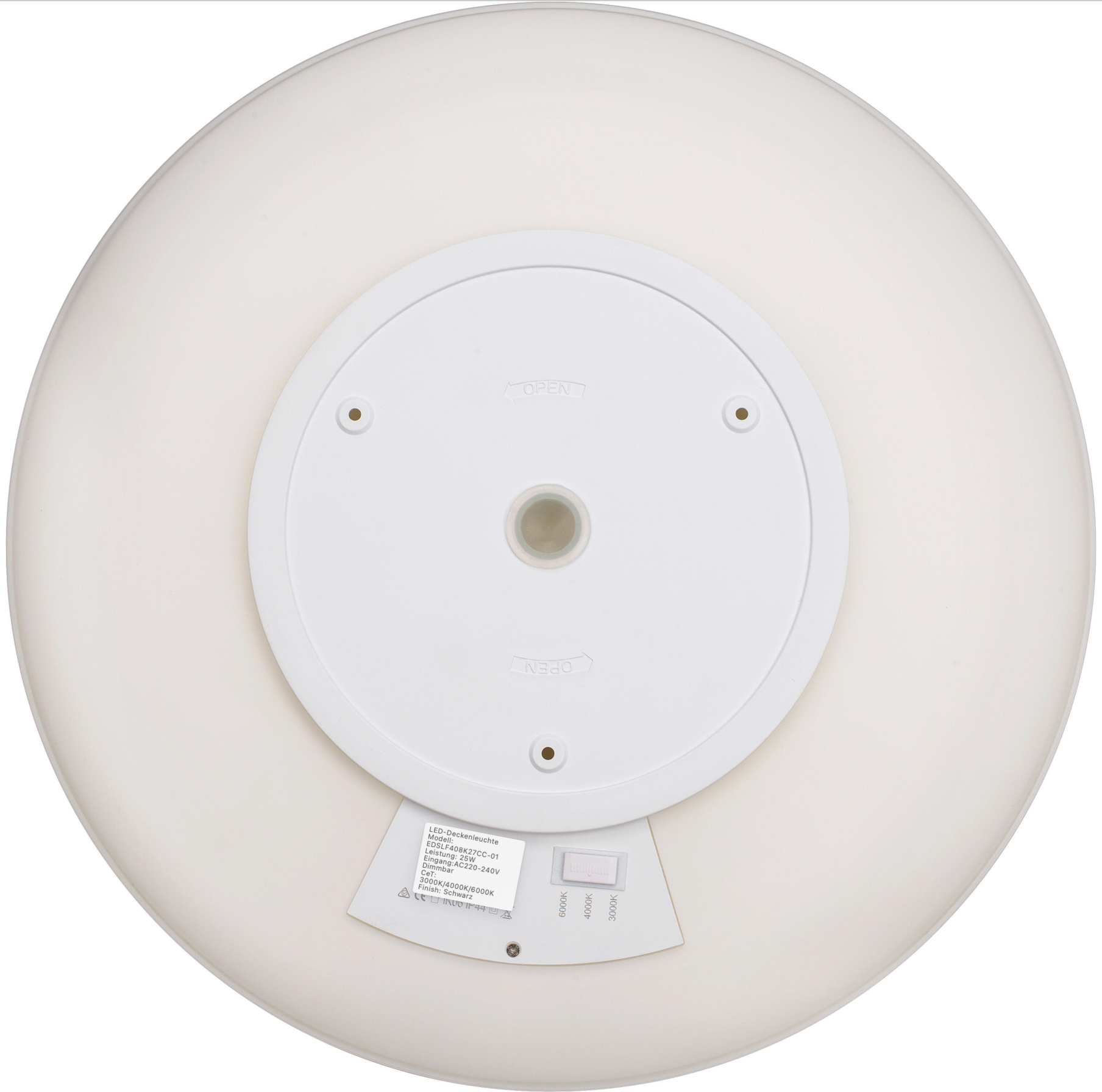 Round LED ceiling light, 40 cm, 25 W, 2700 lm, IP44 – color temperature selectable via switch