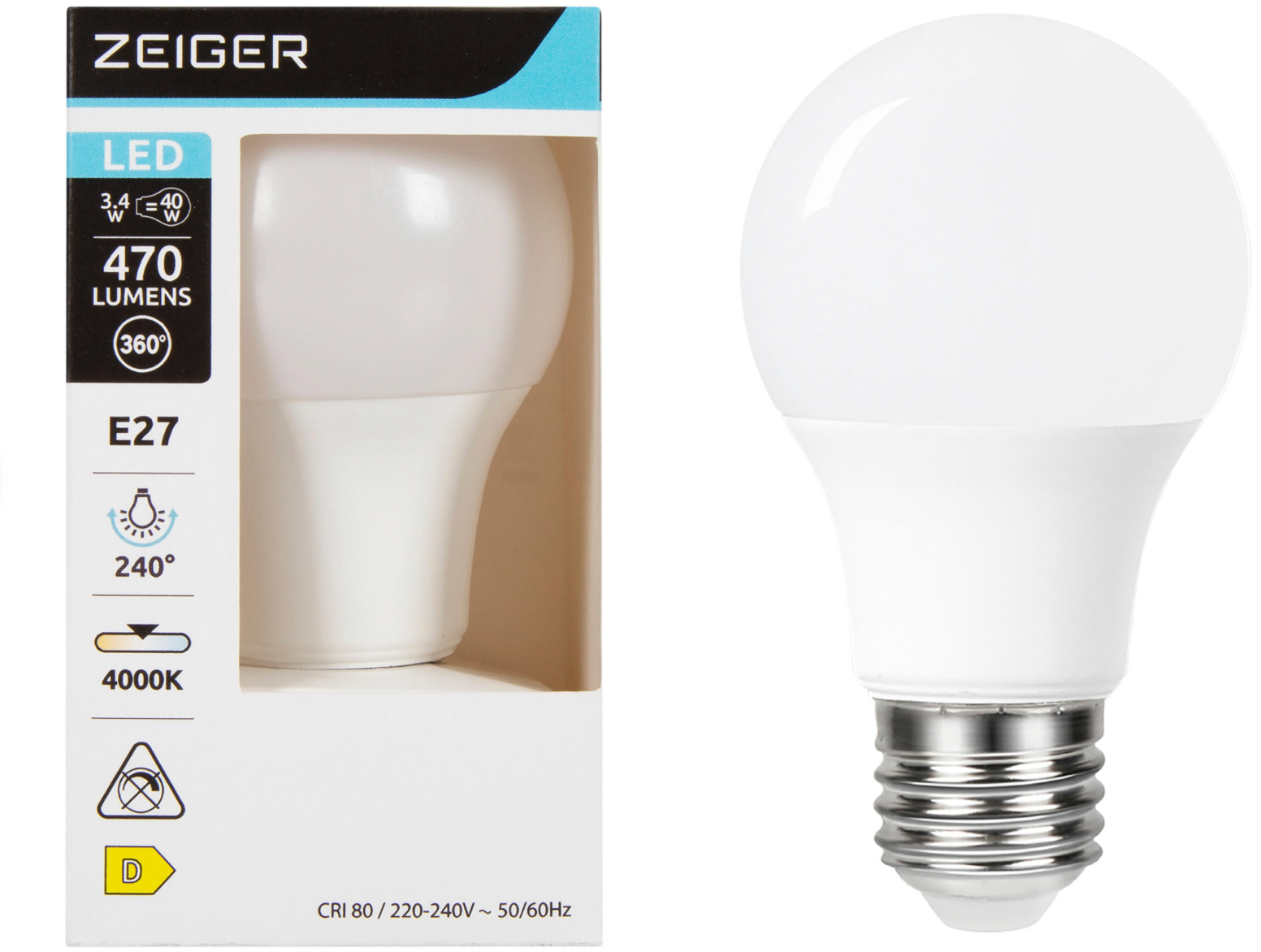LED bulb E27 – 3.4 W, 470 lm, warm white (2700 K), energy efficiency D