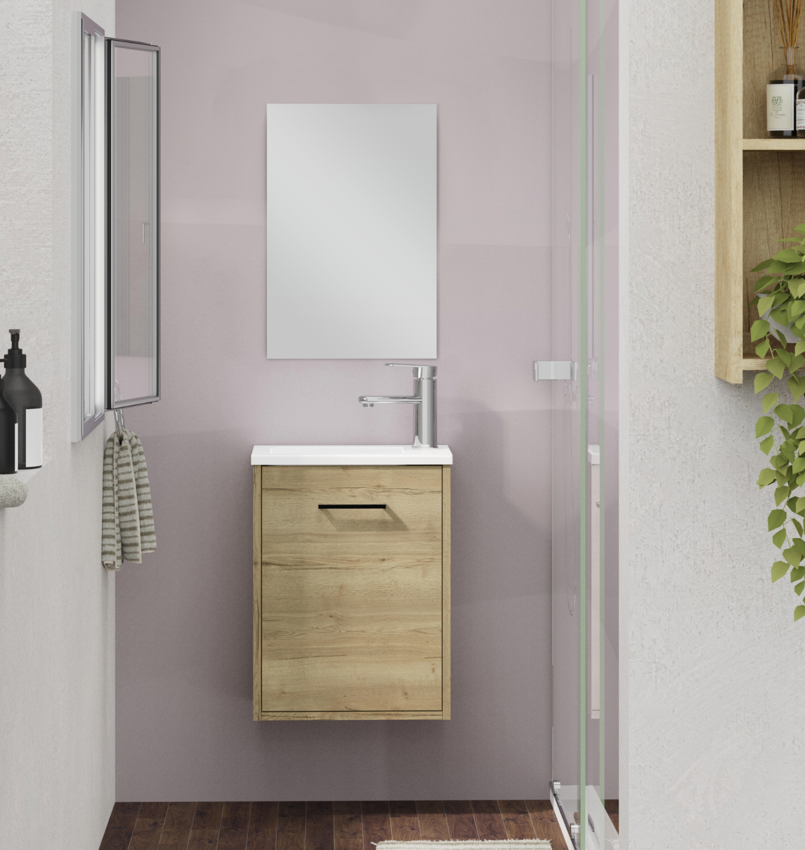 Maya Roble bathroom furniture set – 40×22×50 cm – 1 door – washbasin & mirror
