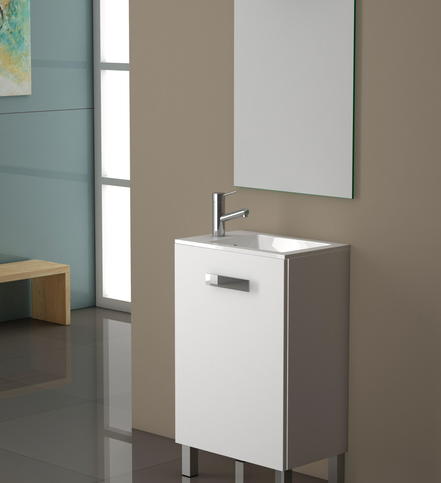 Paris White Bathroom Furniture Set – 50×33 × 80 cm – 1 Door – Sink & Mirror
