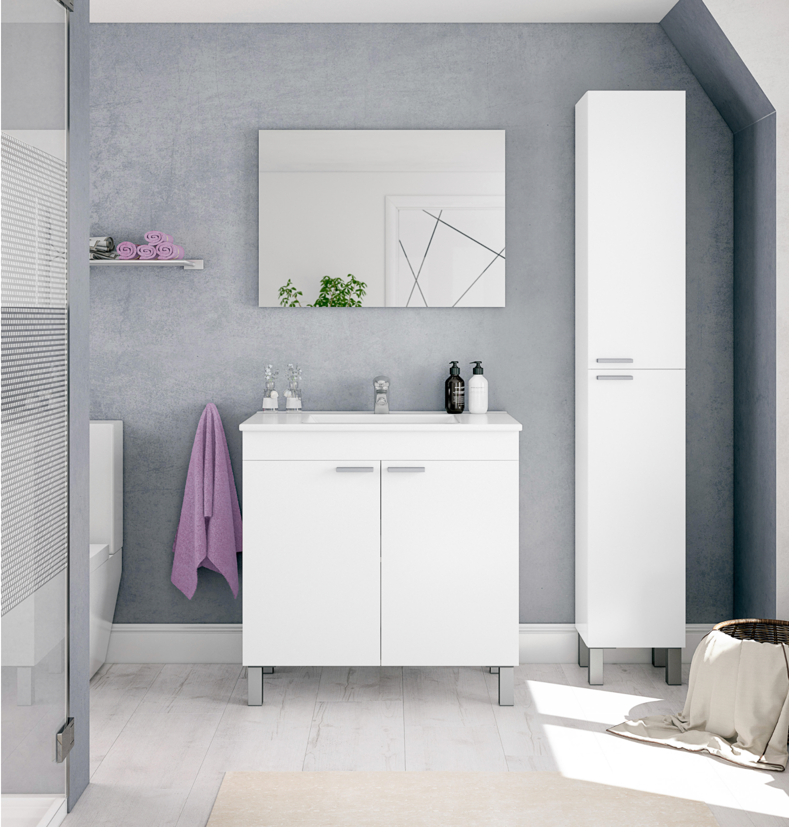 LC1 White Bathroom Furniture Set – 81×46×82 cm – 2 Doors – Sink & Mirror