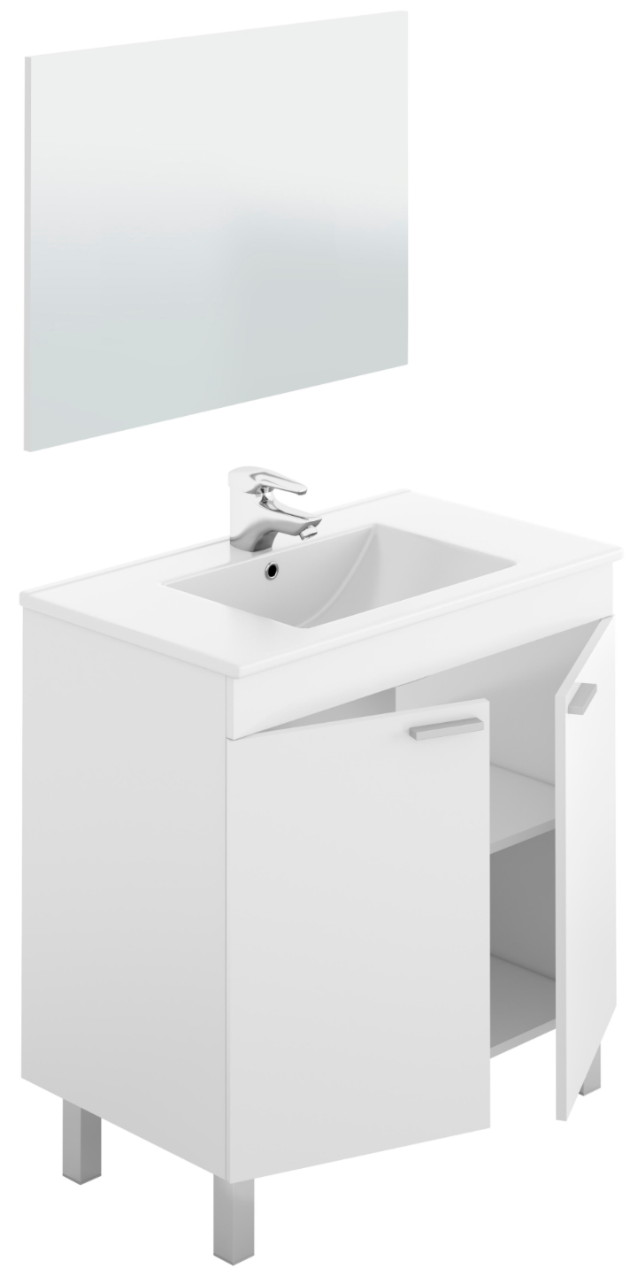 LC1 White Bathroom Furniture Set – 81×46×82 cm – 2 Doors – Sink & Mirror