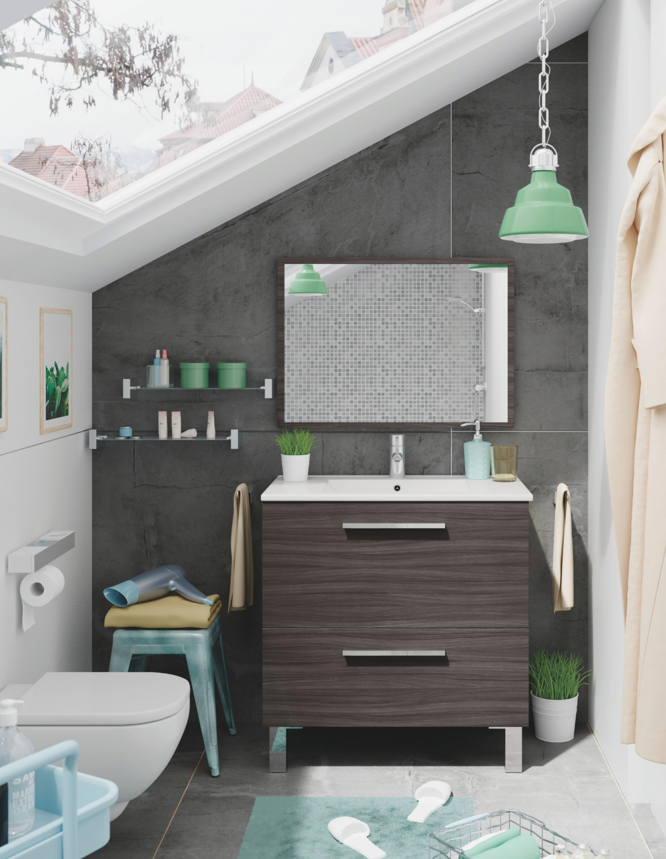 Ceniza bathroom furniture set – 80×45.5 cm – 1 hinged door + 1 drawer – mirror