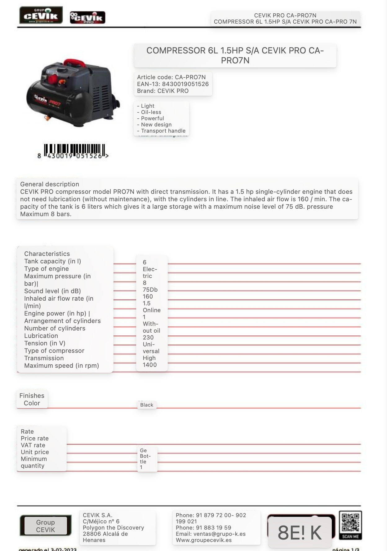 Cevik Pro CA-PRO7N compressor – 6 L | 1.5 HP | Silent