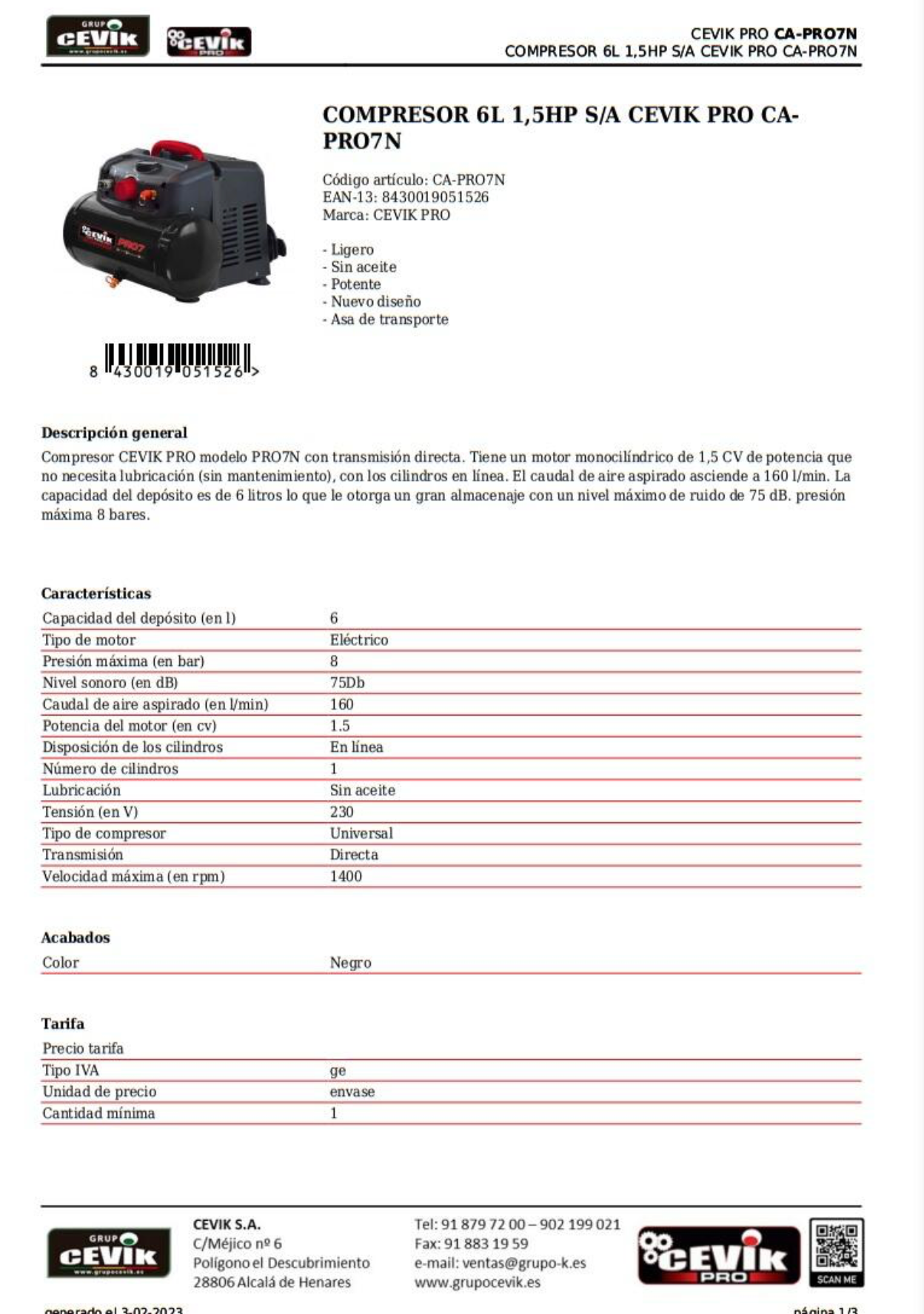 Cevik Pro CA-PRO7N compressor – 6 L | 1.5 HP | Silent