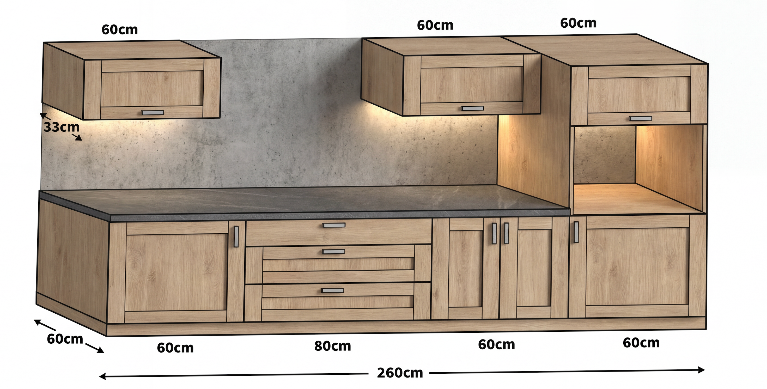 Bavarian kitchen – natural oak, 260 m kitchen length