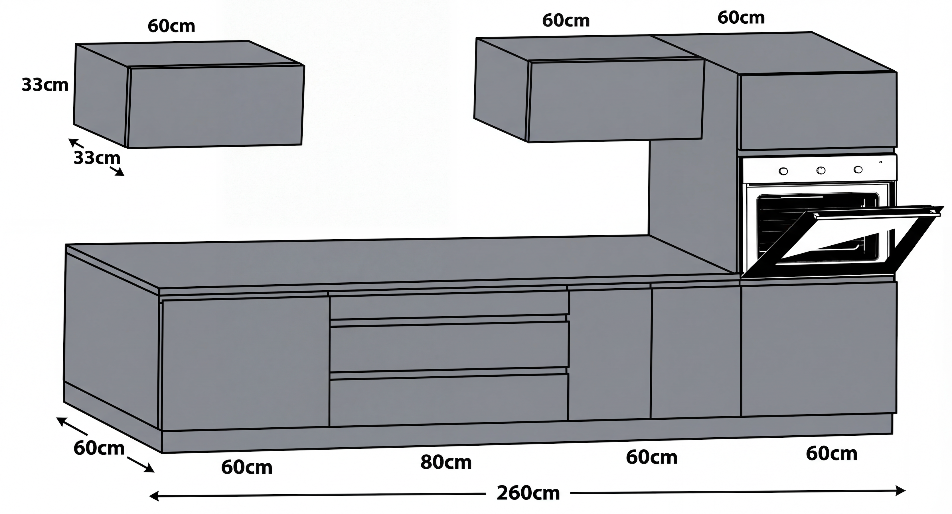 Utrecht kitchen – gray, high-gloss lacquer – 260 m kitchen length