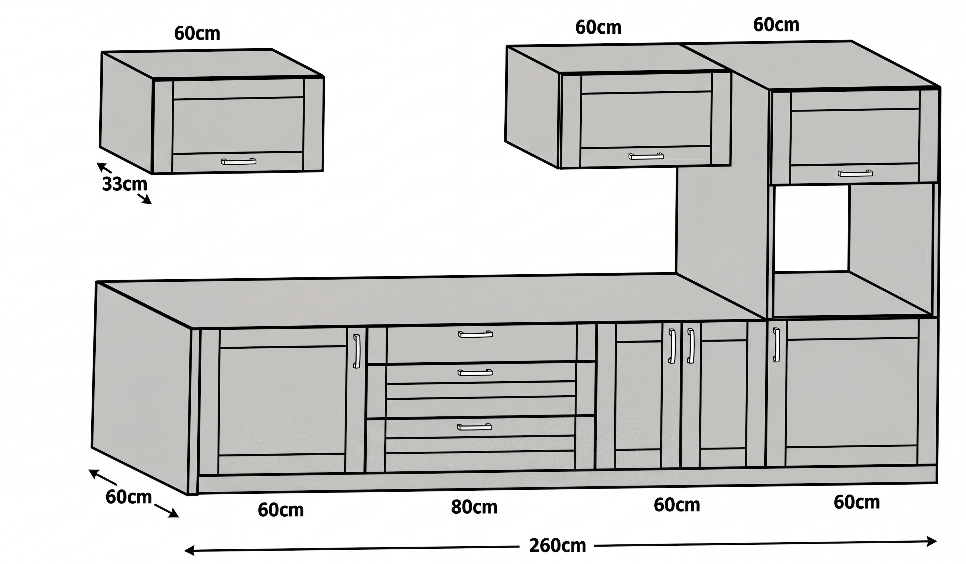 Madrid kitchen – Light gray, LAC Matt – 260 m kitchen length