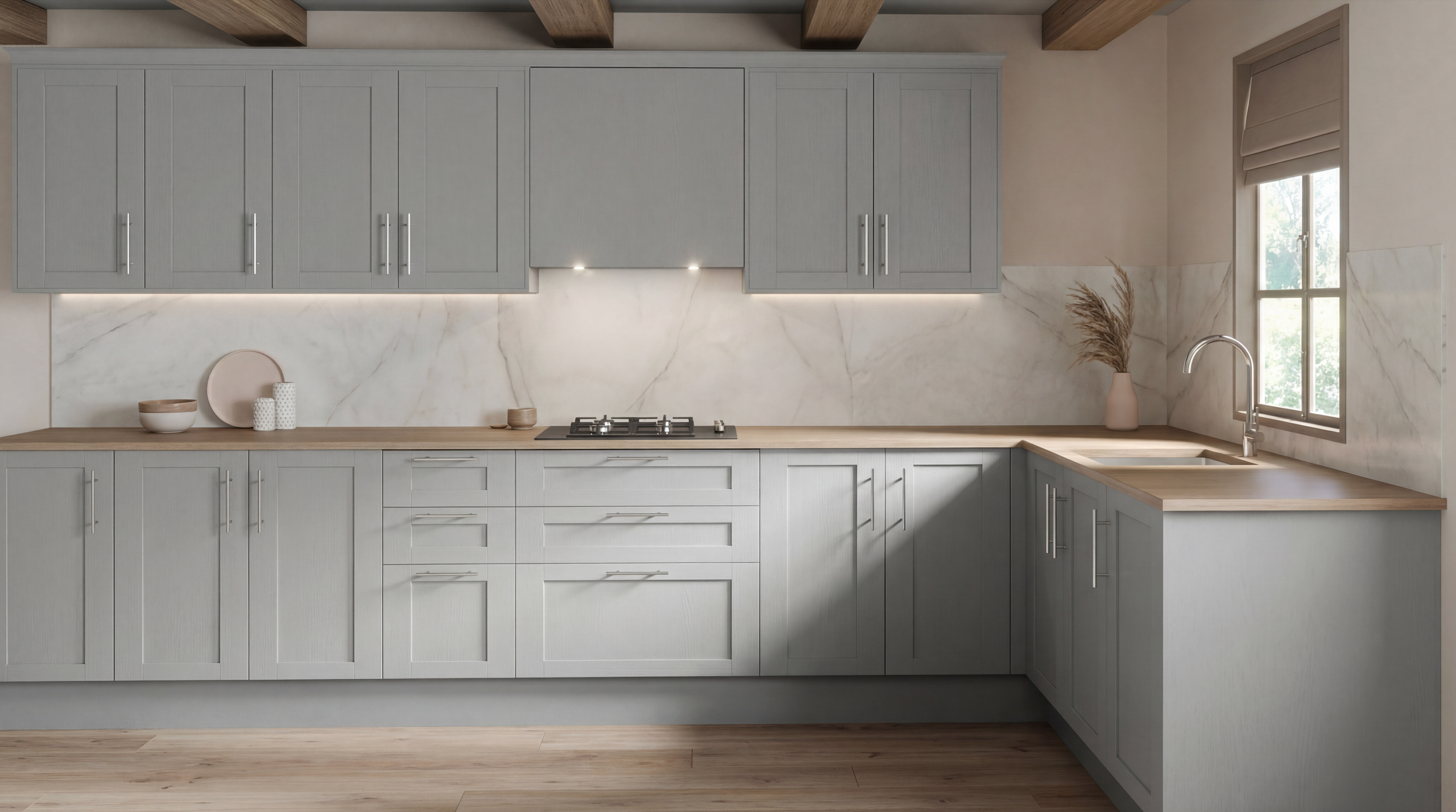 Madrid kitchen – Light gray, LAC Matt – 260 m kitchen length
