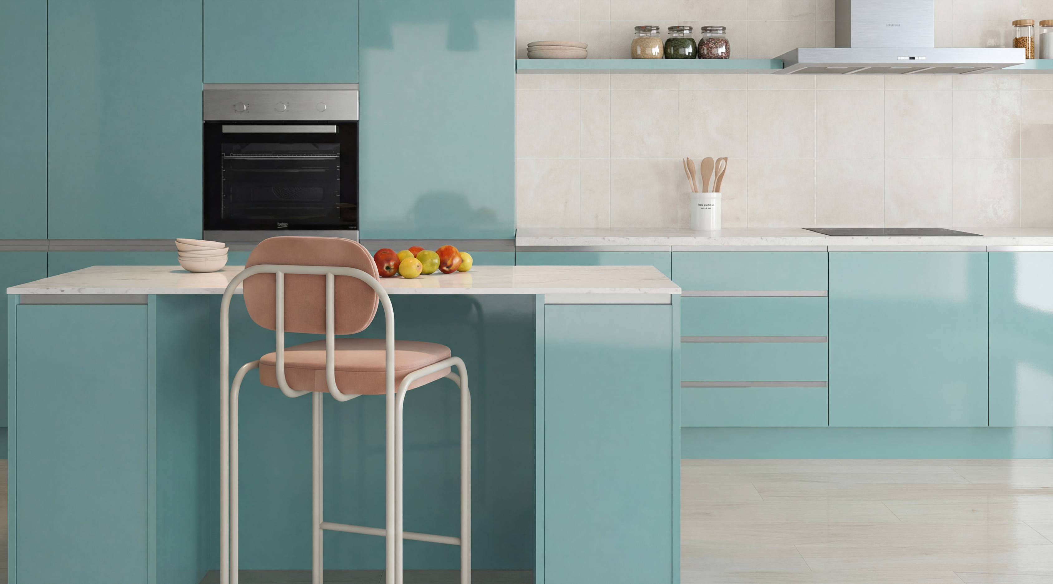 Lyon kitchen – Aguamarina, high gloss – 260 m kitchen length