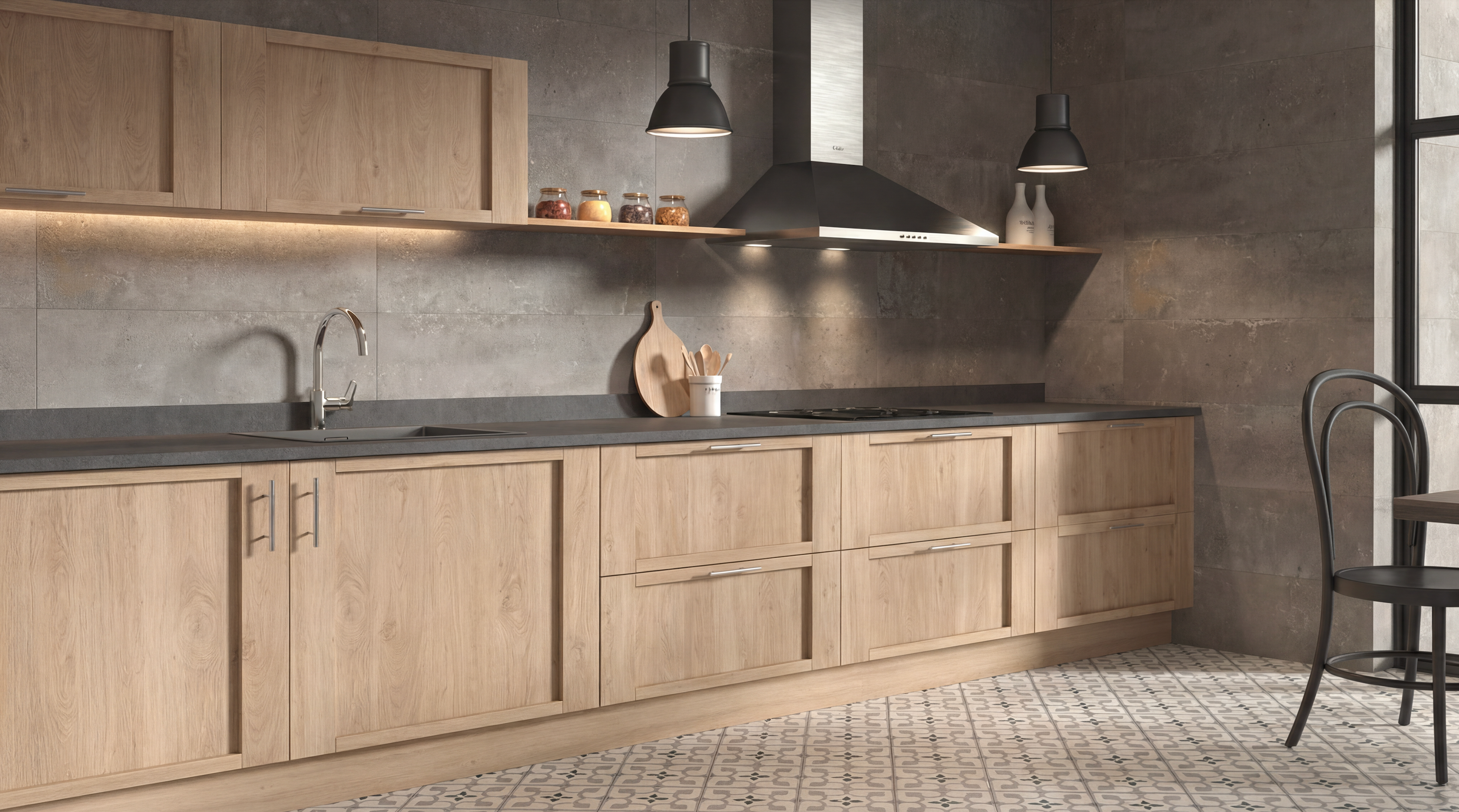 Bavarian kitchen – natural oak, 260 m kitchen length